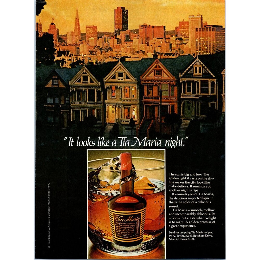 1981 Tia Maria Coffee Liqueur Vintage Print Ad San Francisco Skyline Wall Art